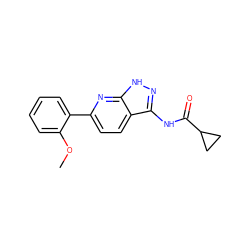 COc1ccccc1-c1ccc2c(NC(=O)C3CC3)n[nH]c2n1 ZINC000013538540