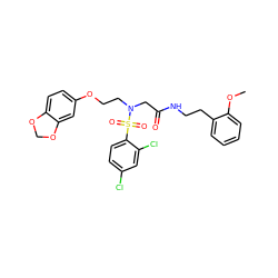 COc1ccccc1CCNC(=O)CN(CCOc1ccc2c(c1)OCO2)S(=O)(=O)c1ccc(Cl)cc1Cl ZINC000044416928