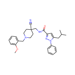 COc1ccccc1CN1CCC(C#N)(CNC(=O)c2cc(CC(C)C)n(-c3ccccc3)n2)CC1 ZINC000072124519