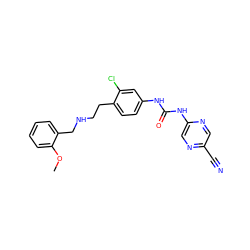 COc1ccccc1CNCCc1ccc(NC(=O)Nc2cnc(C#N)cn2)cc1Cl ZINC000169129877