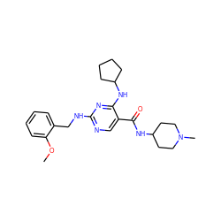 COc1ccccc1CNc1ncc(C(=O)NC2CCN(C)CC2)c(NC2CCCC2)n1 ZINC000095594199