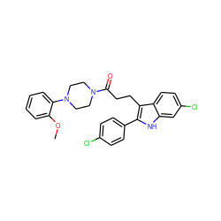 COc1ccccc1N1CCN(C(=O)CCc2c(-c3ccc(Cl)cc3)[nH]c3cc(Cl)ccc23)CC1 ZINC000028238955