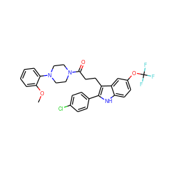 COc1ccccc1N1CCN(C(=O)CCc2c(-c3ccc(Cl)cc3)[nH]c3ccc(OC(F)(F)F)cc23)CC1 ZINC000028238944