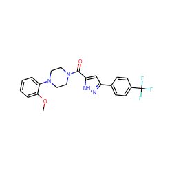 COc1ccccc1N1CCN(C(=O)c2cc(-c3ccc(C(F)(F)F)cc3)n[nH]2)CC1 ZINC000071296508