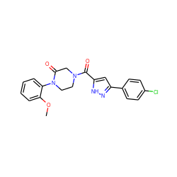 COc1ccccc1N1CCN(C(=O)c2cc(-c3ccc(Cl)cc3)n[nH]2)CC1=O ZINC000071316021