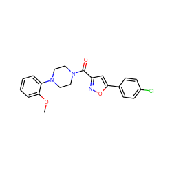 COc1ccccc1N1CCN(C(=O)c2cc(-c3ccc(Cl)cc3)on2)CC1 ZINC000003958756