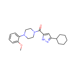 COc1ccccc1N1CCN(C(=O)c2cc(C3CCCCC3)n[nH]2)CC1 ZINC000071329580