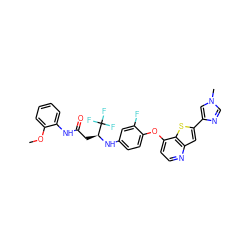 COc1ccccc1NC(=O)C[C@H](Nc1ccc(Oc2ccnc3cc(-c4cn(C)cn4)sc23)c(F)c1)C(F)(F)F ZINC000049757332