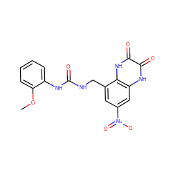 COc1ccccc1NC(=O)NCc1cc([N+](=O)[O-])cc2[nH]c(=O)c(=O)[nH]c12 ZINC000027549478