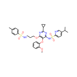 COc1ccccc1Oc1c(NS(=O)(=O)c2ccc(C(C)C)cn2)nc(C2CC2)nc1OCCCNS(=O)(=O)c1ccc(C)cc1 ZINC000028019052