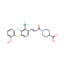 COc1ccccc1Sc1ccc(/C=C/C(=O)N2CCC(C(=O)O)CC2)c(C(F)(F)F)c1Cl ZINC000013470567