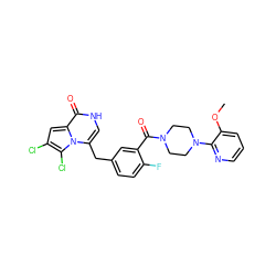 COc1cccnc1N1CCN(C(=O)c2cc(Cc3c[nH]c(=O)c4cc(Cl)c(Cl)n34)ccc2F)CC1 ZINC000049757293