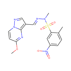 COc1ccn2ncc(/C=N/N(C)S(=O)(=O)c3cc([N+](=O)[O-])ccc3C)c2n1 ZINC000473119477