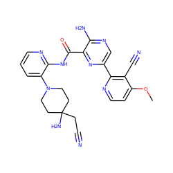 COc1ccnc(-c2cnc(N)c(C(=O)Nc3ncccc3N3CCC(N)(CC#N)CC3)n2)c1C#N ZINC001772611268