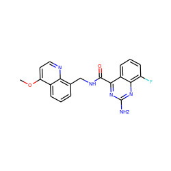 COc1ccnc2c(CNC(=O)c3nc(N)nc4c(F)cccc34)cccc12 ZINC000653802068