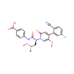 COc1cn([C@@H](C[C@H](C)OC)C(=O)Nc2ccc(C(=O)O)cc2)c(=O)cc1-c1cc(Cl)ccc1C#N ZINC001772570004