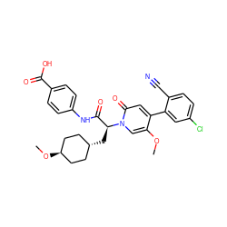 COc1cn([C@@H](C[C@H]2CC[C@H](OC)CC2)C(=O)Nc2ccc(C(=O)O)cc2)c(=O)cc1-c1cc(Cl)ccc1C#N ZINC001772586817