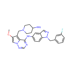 COc1cn2ncnc(Nc3ccc4c(cnn4Cc4cccc(F)c4)c3)c2c1CN1CCC(N)CC1 ZINC000028903142