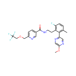 COc1cnc(-c2c(C)ccc(F)c2CCNC(=O)c2ccc(COCC(F)(F)F)nc2)cn1 ZINC000095559257