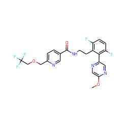 COc1cnc(-c2c(F)ccc(F)c2CCNC(=O)c2ccc(COCC(F)(F)F)nc2)cn1 ZINC000095559169