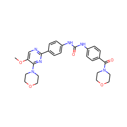 COc1cnc(-c2ccc(NC(=O)Nc3ccc(C(=O)N4CCOCC4)cc3)cc2)nc1N1CCOCC1 ZINC000205765381