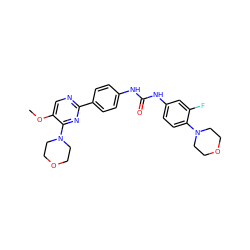 COc1cnc(-c2ccc(NC(=O)Nc3ccc(N4CCOCC4)c(F)c3)cc2)nc1N1CCOCC1 ZINC000205771359