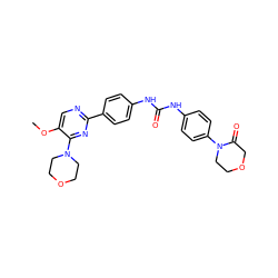 COc1cnc(-c2ccc(NC(=O)Nc3ccc(N4CCOCC4=O)cc3)cc2)nc1N1CCOCC1 ZINC000118161285