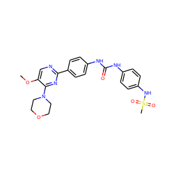 COc1cnc(-c2ccc(NC(=O)Nc3ccc(NS(C)(=O)=O)cc3)cc2)nc1N1CCOCC1 ZINC000118179335