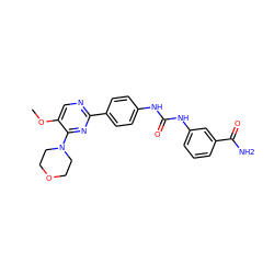 COc1cnc(-c2ccc(NC(=O)Nc3cccc(C(N)=O)c3)cc2)nc1N1CCOCC1 ZINC000118160447