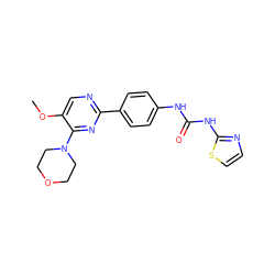 COc1cnc(-c2ccc(NC(=O)Nc3nccs3)cc2)nc1N1CCOCC1 ZINC000118160870