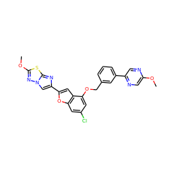 COc1cnc(-c2cccc(COc3cc(Cl)cc4oc(-c5cn6nc(OC)sc6n5)cc34)c2)cn1 ZINC000205749583