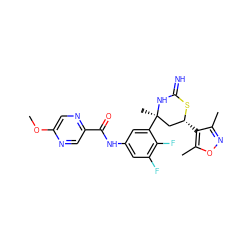 COc1cnc(C(=O)Nc2cc(F)c(F)c([C@]3(C)C[C@@H](c4c(C)noc4C)SC(=N)N3)c2)cn1 ZINC000653859653