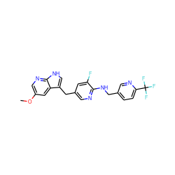 COc1cnc2[nH]cc(Cc3cnc(NCc4ccc(C(F)(F)F)nc4)c(F)c3)c2c1 ZINC000117416461