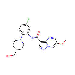 COc1cnc2c(C(=O)Nc3cc(Cl)ccc3N3CCC(CO)CC3)cnn2c1 ZINC000113650738