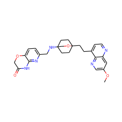 COc1cnc2c(CCC34CCC(NCc5ccc6c(n5)NC(=O)CO6)(CC3)CO4)ccnc2c1 ZINC000299857632