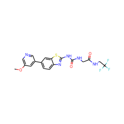 COc1cncc(-c2ccc3nc(NC(=O)NCC(=O)NCC(F)(F)F)sc3c2)c1 ZINC000299841385