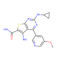 COc1cncc(-c2nc(NC3CC3)nc3sc(C(N)=O)c(N)c23)c1 ZINC000073219074