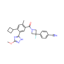 COc1n[nH]c(-c2cc(C(=O)N3CC(F)(c4ccc(C#N)cc4)C3)c(C)cc2C2CCC2)n1 ZINC000219059021