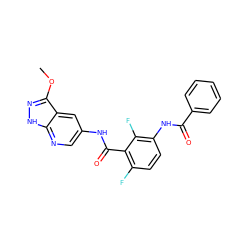 COc1n[nH]c2ncc(NC(=O)c3c(F)ccc(NC(=O)c4ccccc4)c3F)cc12 ZINC000095579377