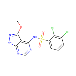 COc1n[nH]c2ncnc(NS(=O)(=O)c3cccc(Cl)c3Cl)c12 ZINC001772657598