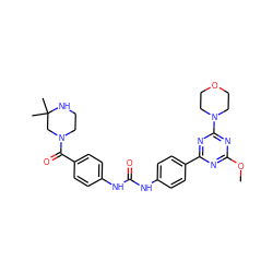 COc1nc(-c2ccc(NC(=O)Nc3ccc(C(=O)N4CCNC(C)(C)C4)cc3)cc2)nc(N2CCOCC2)n1 ZINC000072177900