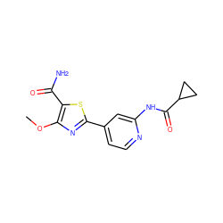 COc1nc(-c2ccnc(NC(=O)C3CC3)c2)sc1C(N)=O ZINC000215475351