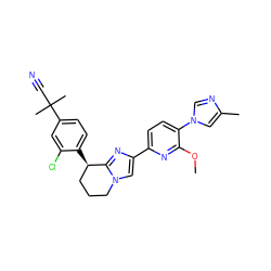 COc1nc(-c2cn3c(n2)[C@H](c2ccc(C(C)(C)C#N)cc2Cl)CCC3)ccc1-n1cnc(C)c1 ZINC000149063032