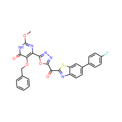 COc1nc(-c2nnc(C(=O)c3nc4ccc(-c5ccc(F)cc5)cc4s3)o2)c(OCc2ccccc2)c(=O)[nH]1 ZINC000147127332