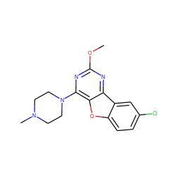 COc1nc(N2CCN(C)CC2)c2oc3ccc(Cl)cc3c2n1 ZINC000049112495