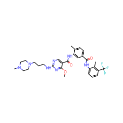 COc1nc(NCCCN2CCN(C)CC2)ncc1C(=O)Nc1cc(C(=O)Nc2cccc(C(F)(F)F)c2C)ccc1C ZINC000029127865