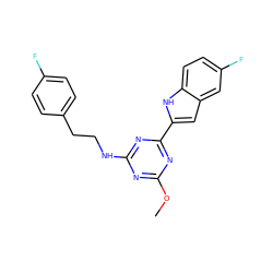 COc1nc(NCCc2ccc(F)cc2)nc(-c2cc3cc(F)ccc3[nH]2)n1 ZINC000206739910