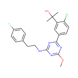 COc1nc(NCCc2ccc(F)cc2)nc(-c2ccc(Cl)c(C(C)(C)O)c2)n1 ZINC000103237171