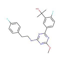 COc1nc(NCCc2ccc(F)cc2)nc(-c2ccc(F)c(C(C)(C)O)c2)n1 ZINC000473162939