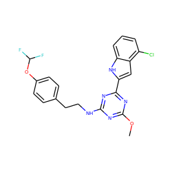 COc1nc(NCCc2ccc(OC(F)F)cc2)nc(-c2cc3c(Cl)cccc3[nH]2)n1 ZINC000206739851